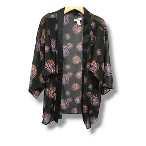 MUDD women's black multicolor Pattern semi-sheer short sleeves kimono cardigan​
